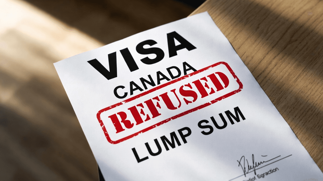 Paper on a wooden desk reading VISA CANADA with a red REFUSED stamp and the words LUMP SUM