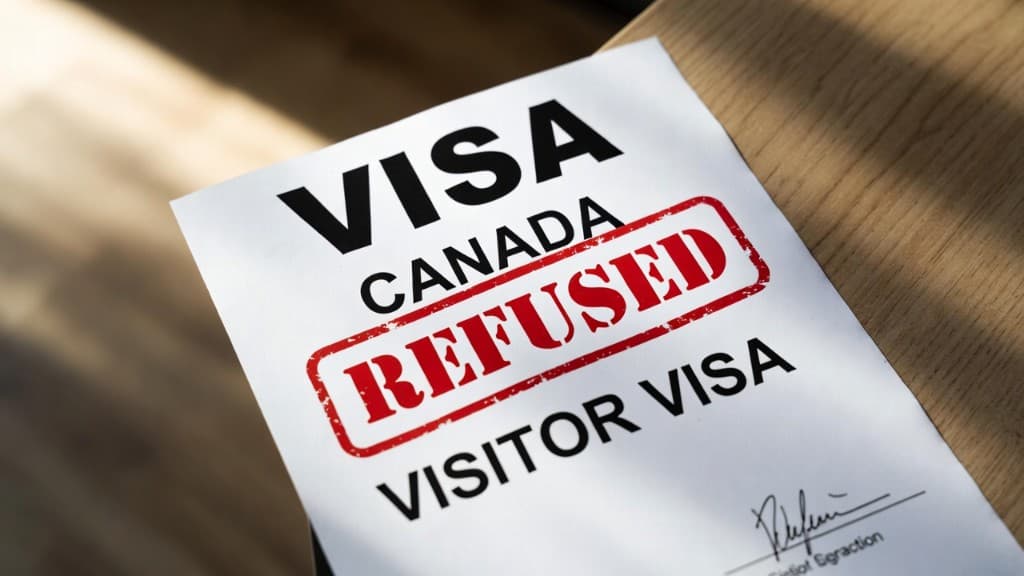 Paper on a desk reading Canada visitor visa refused with a red REFUSED stamp