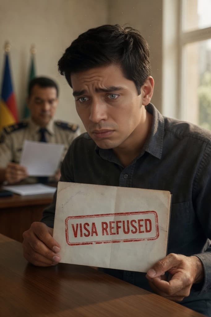 Applicant holding a passport-sized document stamped “VISA REFUSED” at an immigration office