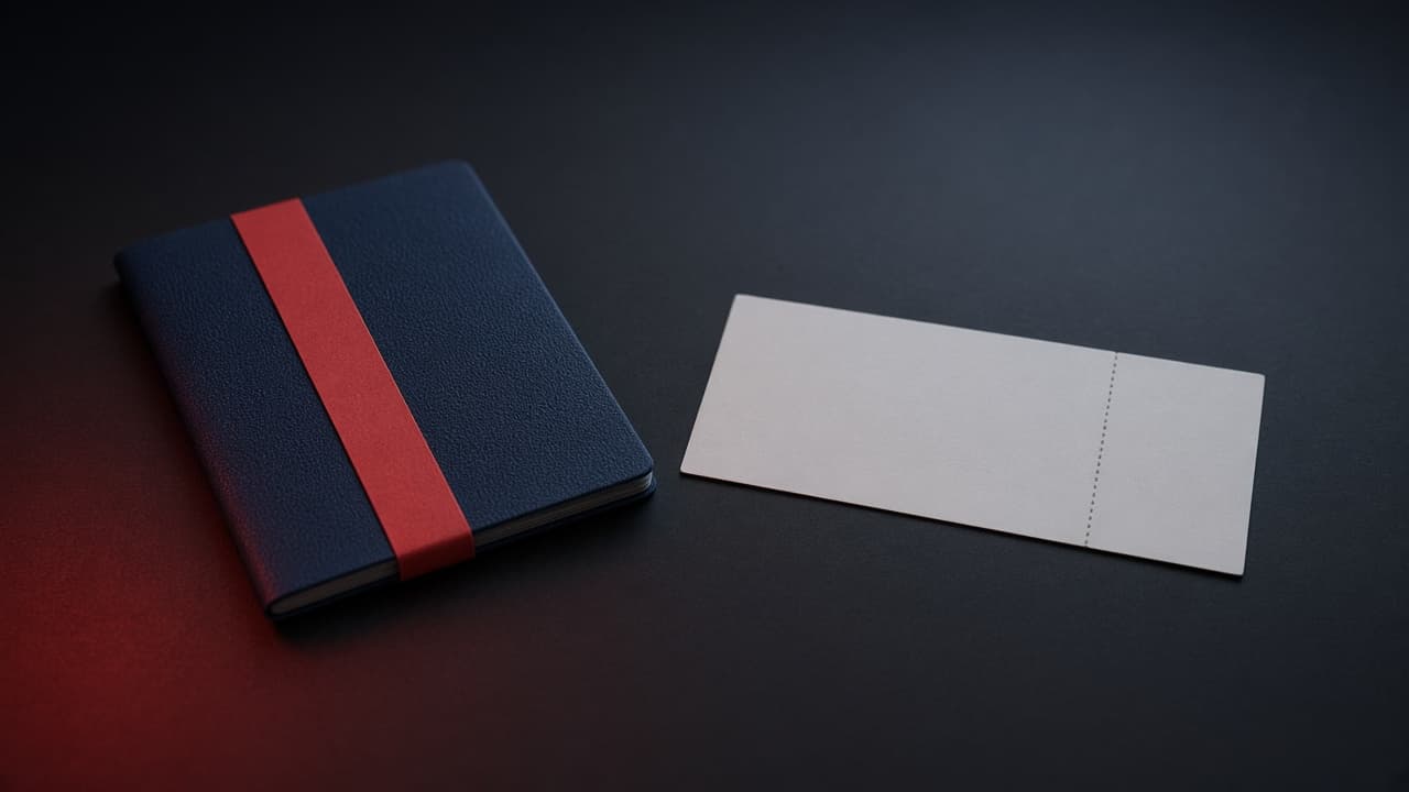 A closed passport with a paper band around it beside a blank boarding pass on a dark desk