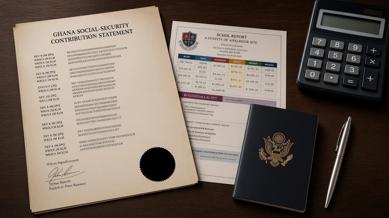 A social-security contribution statement on a dark desk, beside a closed passport and a silver pen