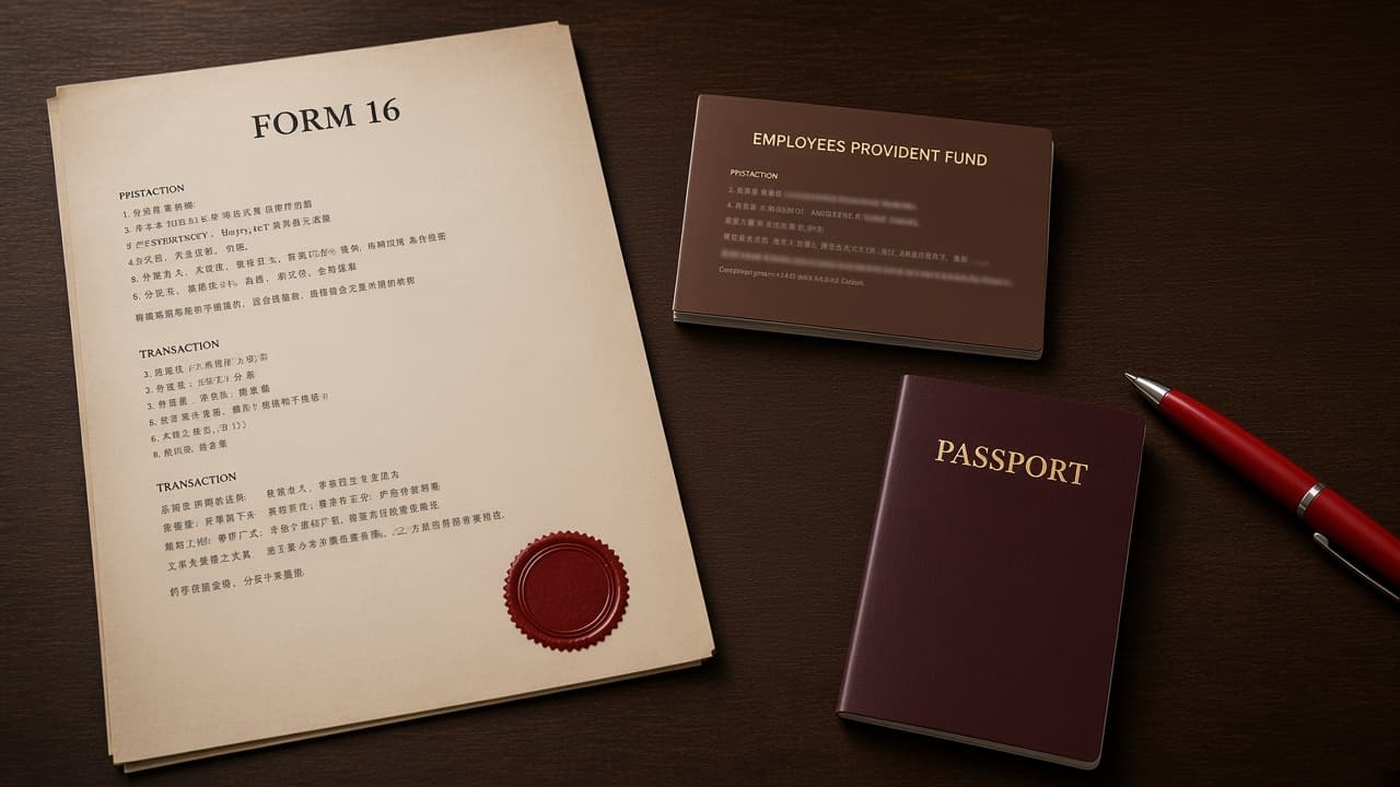 A Form 16 printout and an Employees’ Provident Fund passbook on a dark desk, beside a closed passport and a red pen