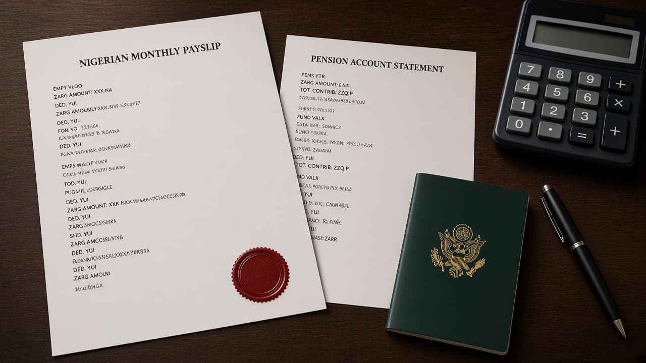 A payslip and a pension statement on a dark desk, beside a closed passport and a black pen