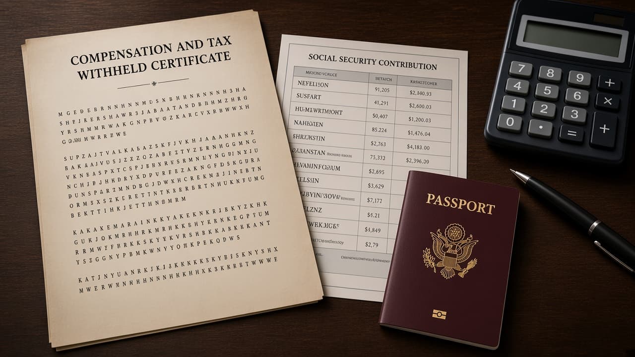 A compensation and tax withheld certificate and a social security contribution printout on a dark desk, beside a closed passport and a calculator