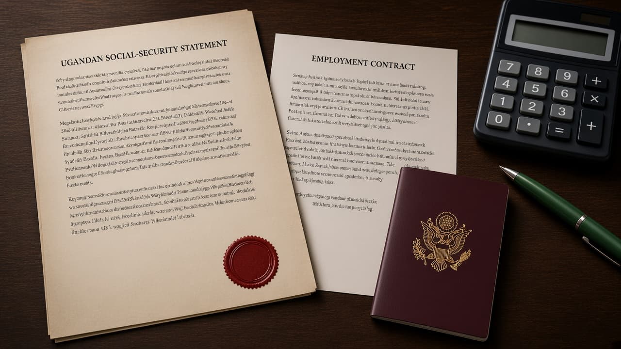 A social-security statement and an employment contract on a dark desk, beside a closed passport and a green pen