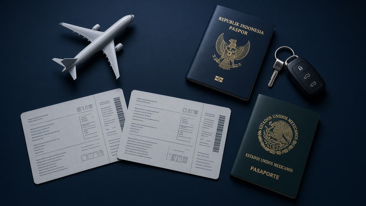 Two boarding passes on a dark desk, one beside a model airplane and one beside a car key, with two closed passports