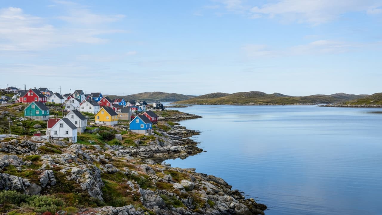 Colourful houses on rock above a calm bay, with low tundra hills beyond