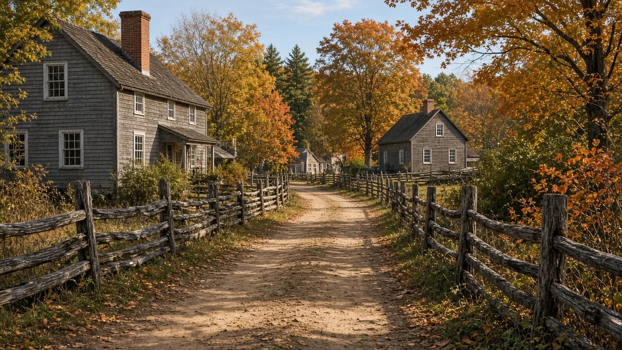 A dirt lane between wooden houses and split-rail fences at a living-history village in autumn