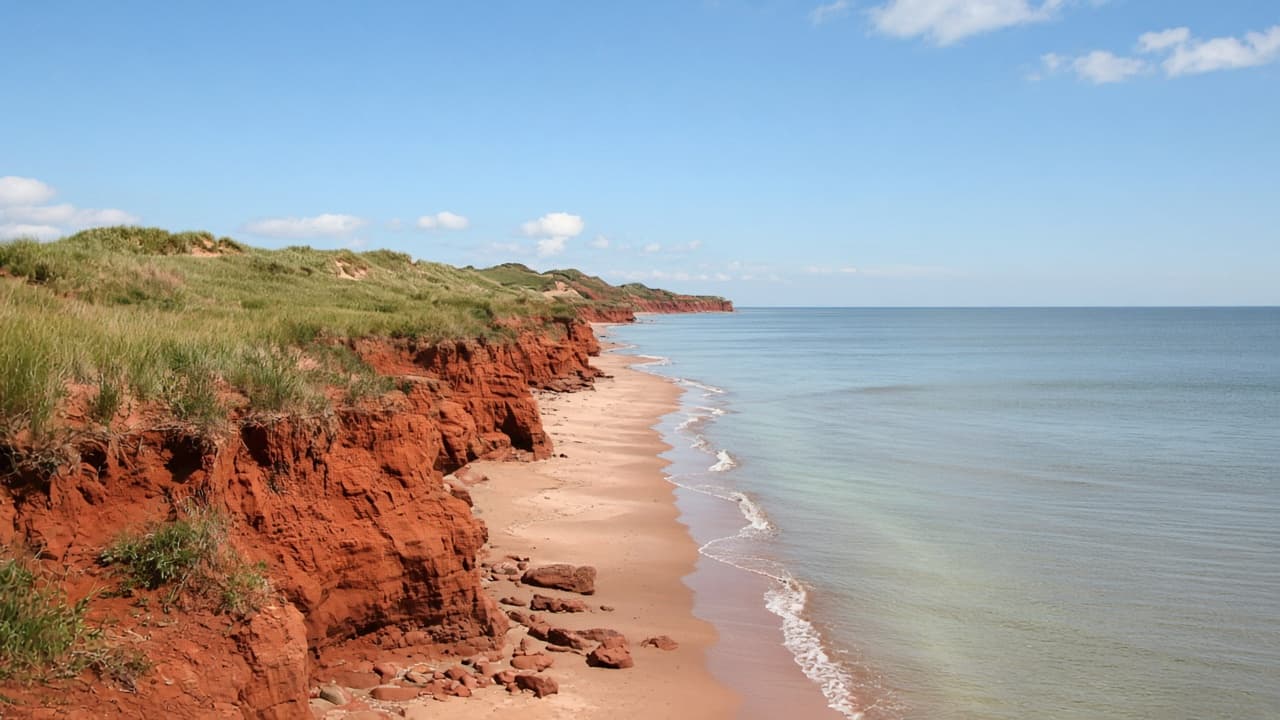 Red sandstone cliffs and a sand beach along Prince Edward Island National Park