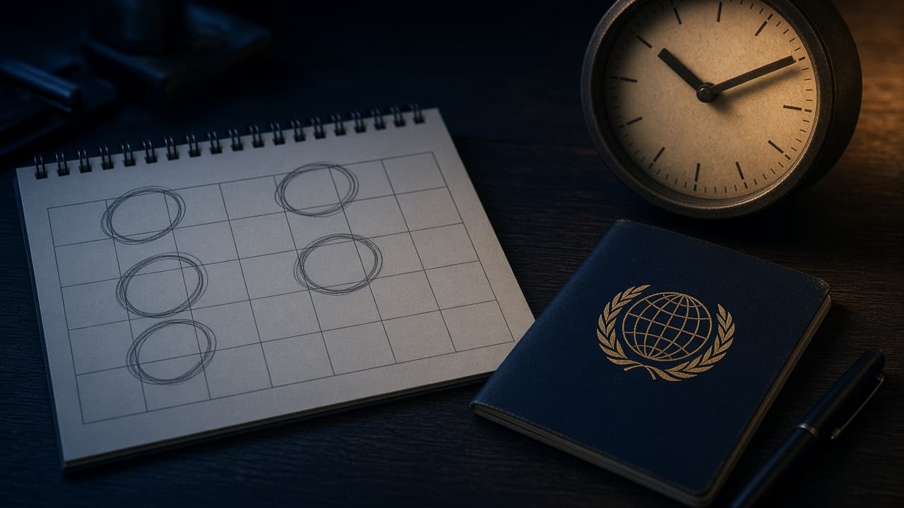 A wall calendar with weeks circled in pencil, a clock, and a passport on a dark desk