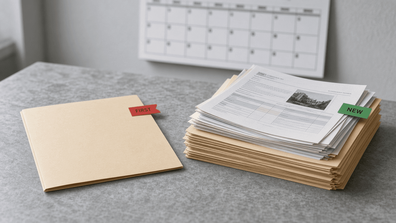 A thin folder tagged FIRST beside a much thicker folder tagged NEW, with a calendar on the wall