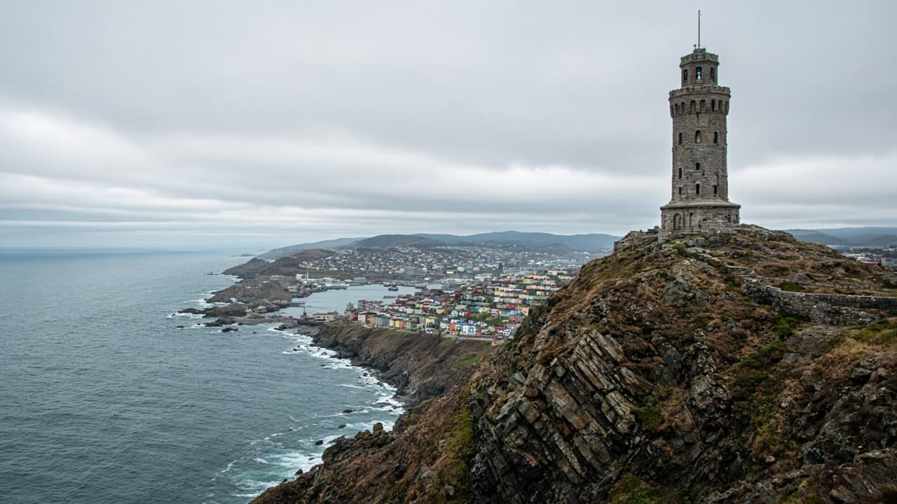 A stone tower on the rocky headland of Signal Hill above St. John's harbour