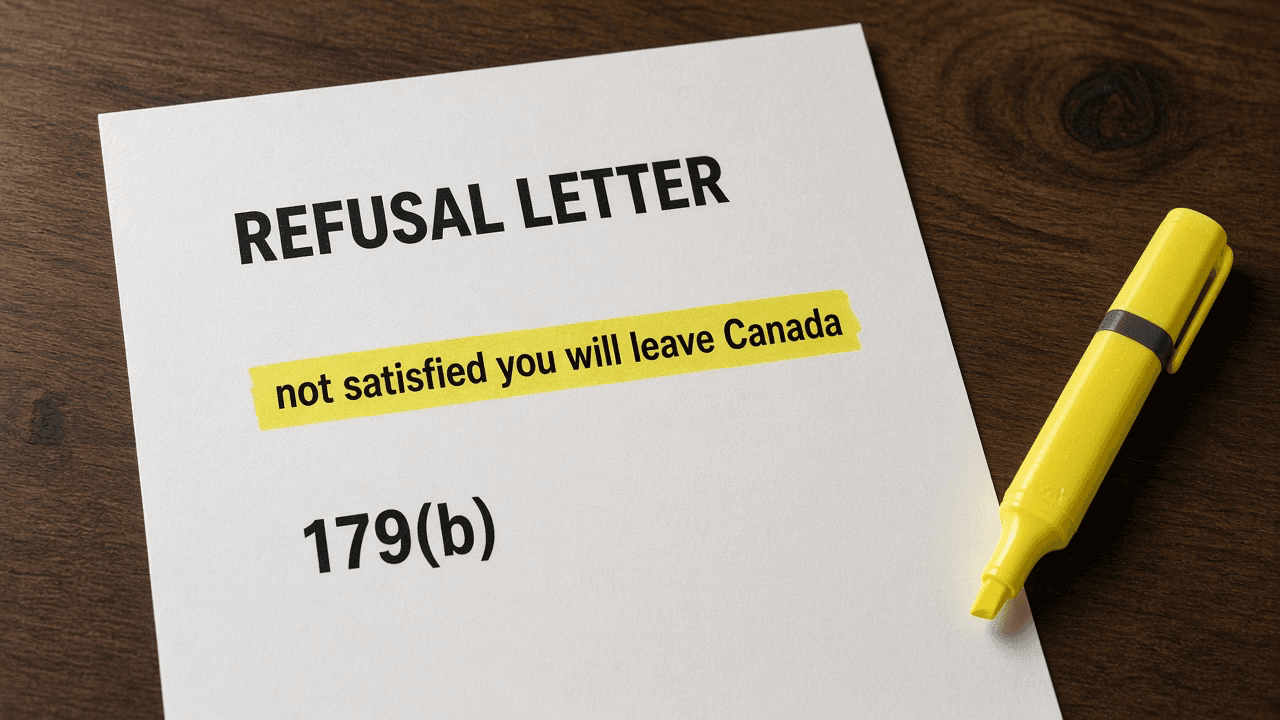Refusal letter on a dark desk, with “not satisfied you will leave Canada” highlighted and 179(b) underneath