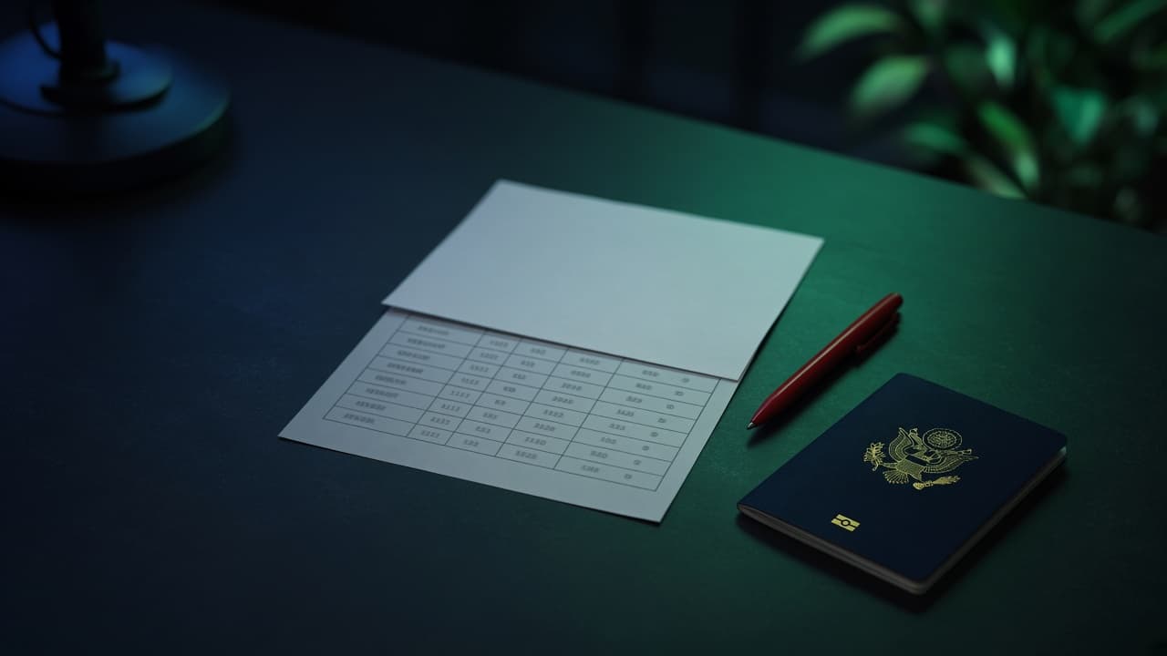 A printed table on a dark desk with the figures covered by a blank sheet, a red pen, and a closed passport
