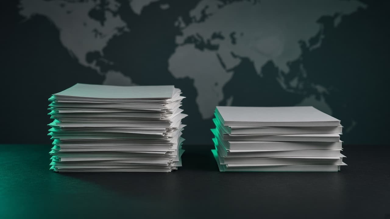 Two stacks of documents of different thickness on a dark desk, with a blurred map behind them and no readable text