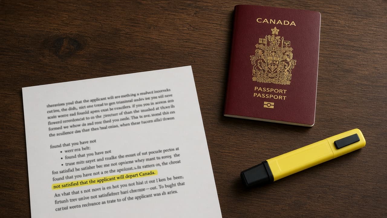 A printed refusal letter on a dark desk with the sentence “not satisfied that the applicant will depart Canada” highlighted in yellow, beside a closed Canadian passport and a yellow highlighter