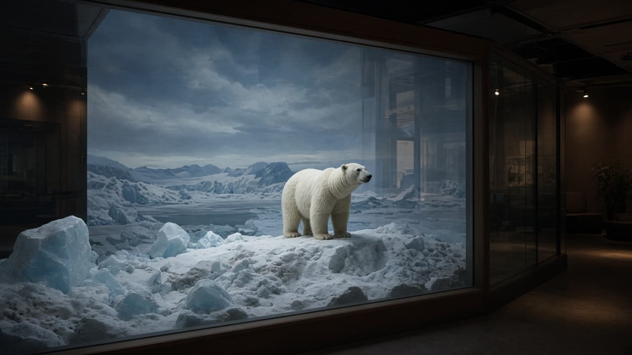 A polar bear standing on ice inside a museum diorama