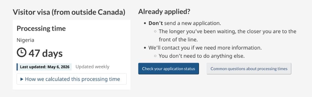 IRCC processing time result showing 47 days for Nigeria visitor visa