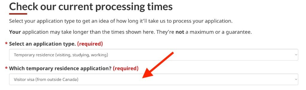 IRCC processing time tool — selecting temporary residence application type