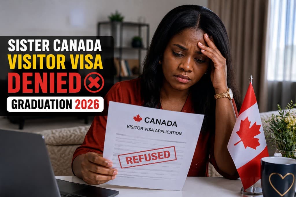 Woman reviewing a Canada visitor visa application marked REFUSED; headline text Sister Canada visitor visa denied graduation 2026