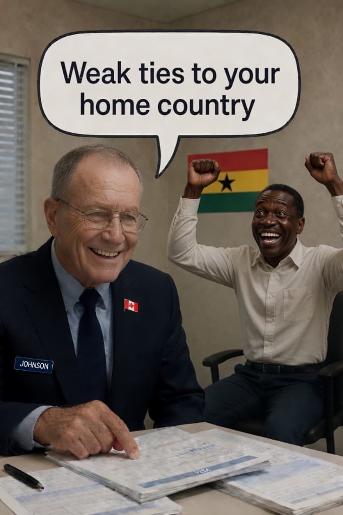 Illustration showing the phrase “Weak ties to your home country” above a visa review desk