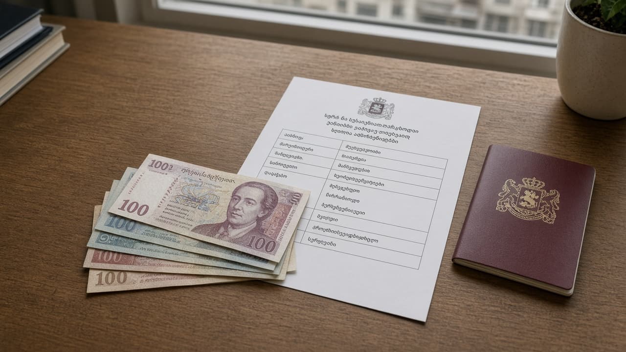 Georgian lari notes beside a public-registry extract and a closed passport.