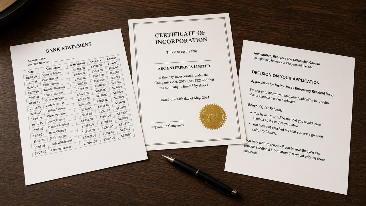 Ghana cedi bank statement beside a certificate of incorporation and a Canada visitor visa refusal letter.