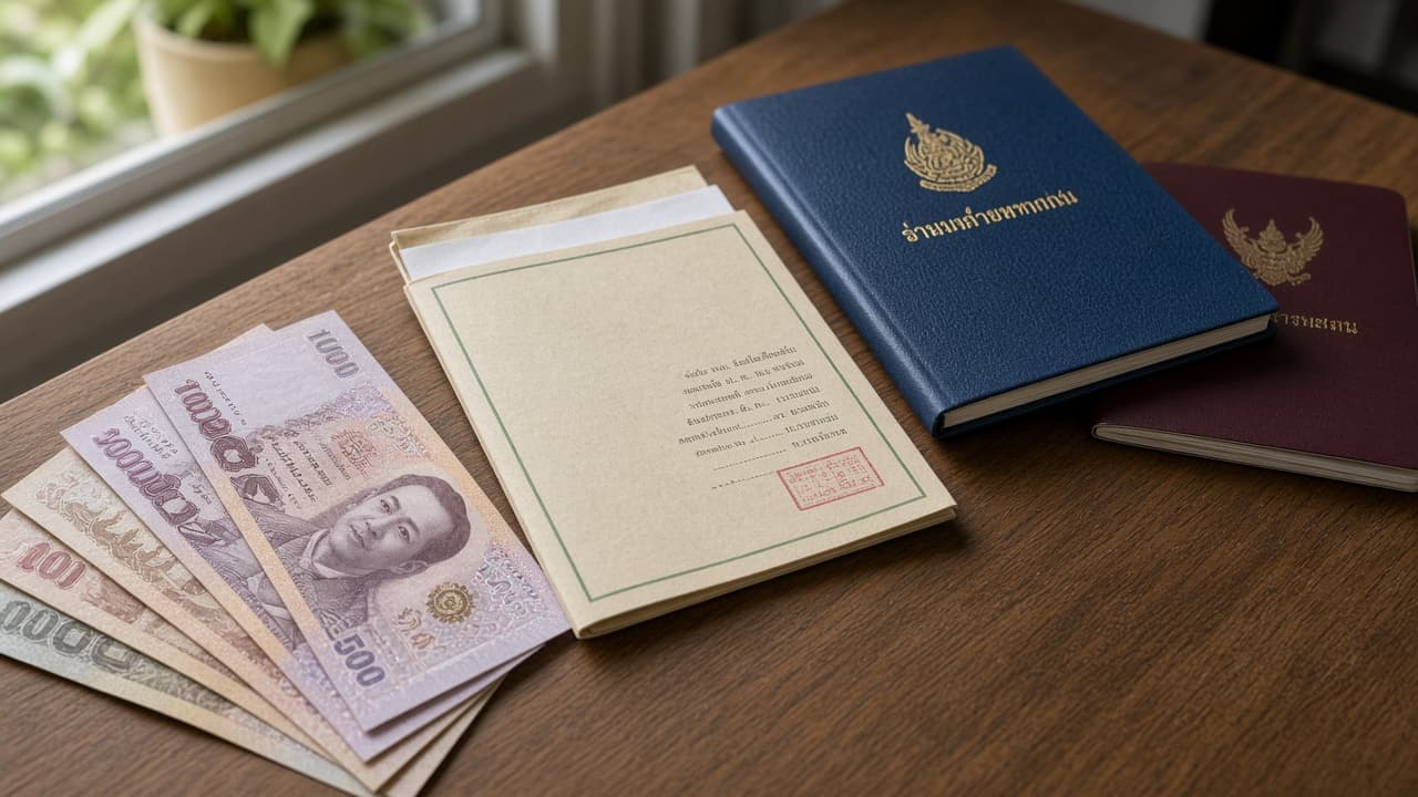 Thai baht notes beside a land title deed and a closed house registration book.