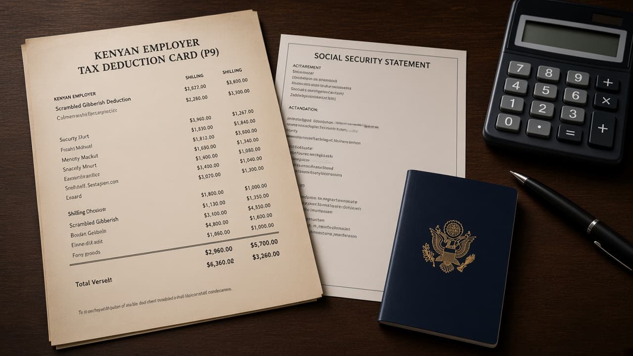 A tax deduction card and a social-security statement on a dark desk, beside a closed passport and a black pen