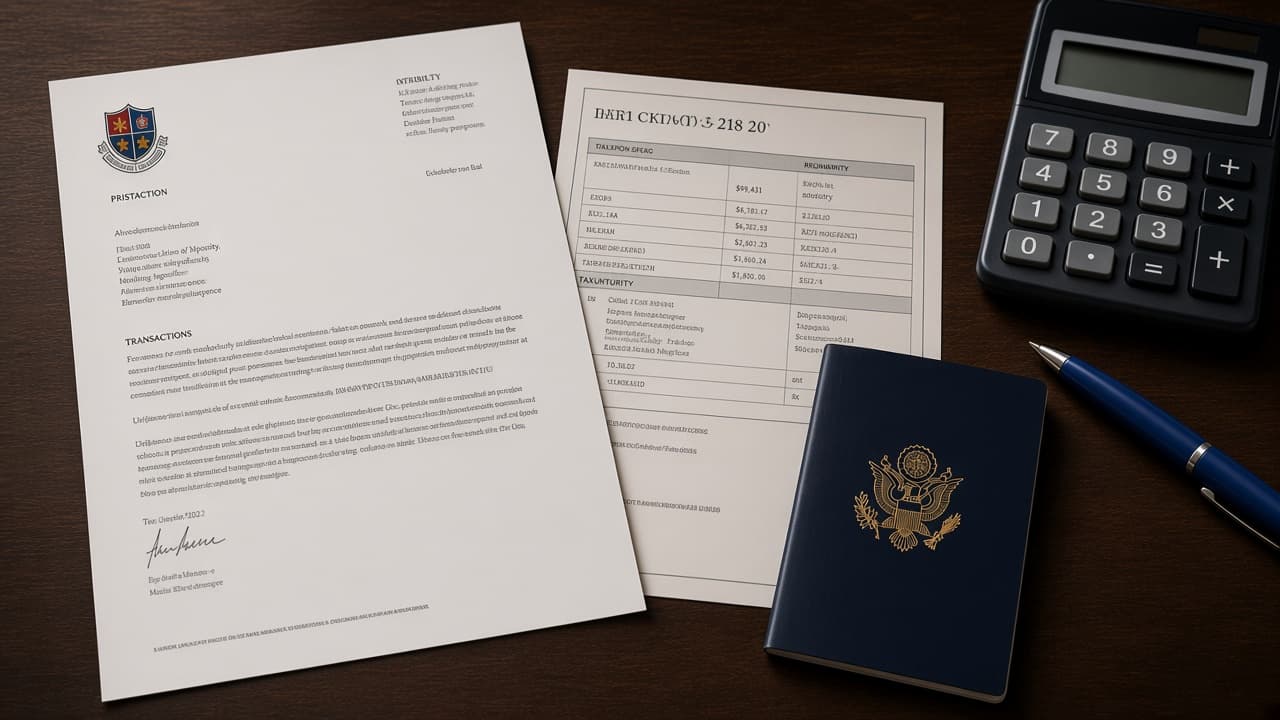 An employer salary certificate and a tax printout on a dark desk, beside a closed passport and a blue pen
