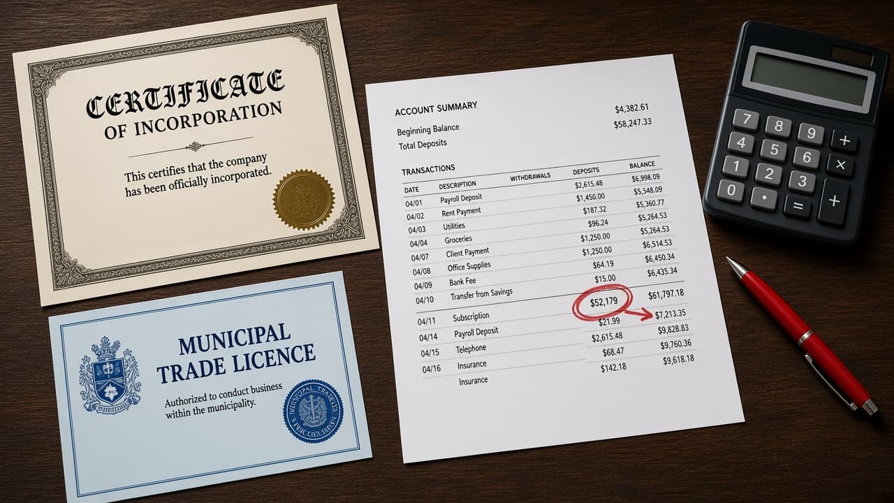 Bangladeshi RJSC incorporation certificate and a trade licence next to a bank statement