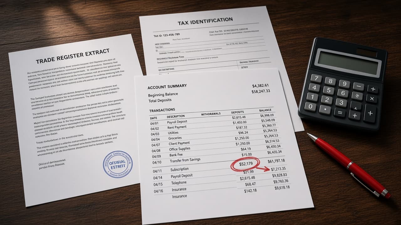 Cameroonian RCCM extract and a tax identification printout beside a bank statement
