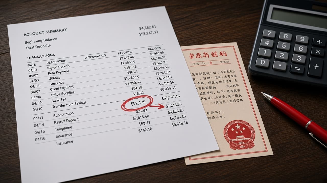 Chinese business licence and a bank statement on a desk, with the licence details readable and no headline overlay