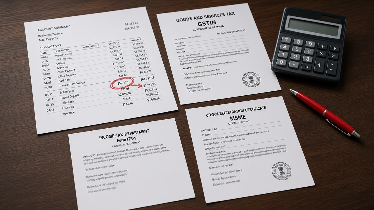Indian GST registration, an income-tax return acknowledgement, and a Udyam certificate spread on a desk beside a bank statement