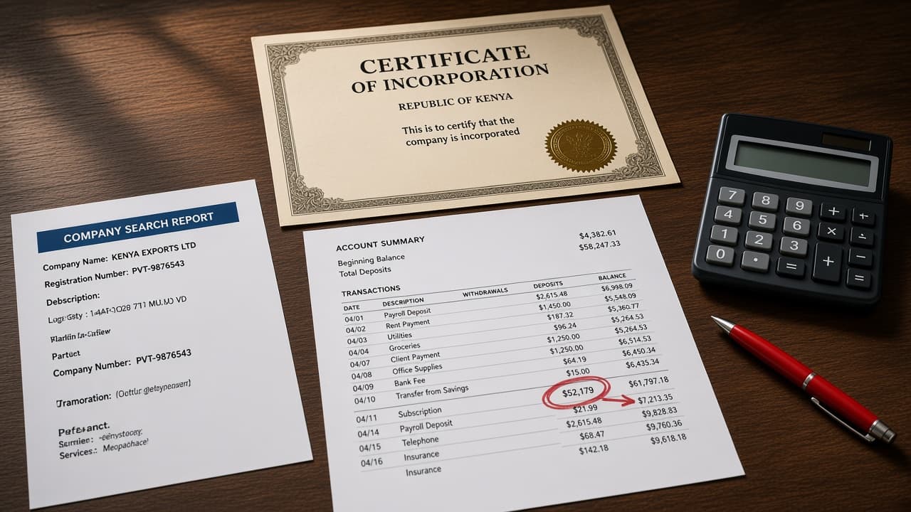 Kenyan CR12 company search and a certificate of incorporation beside a bank statement, no headline text