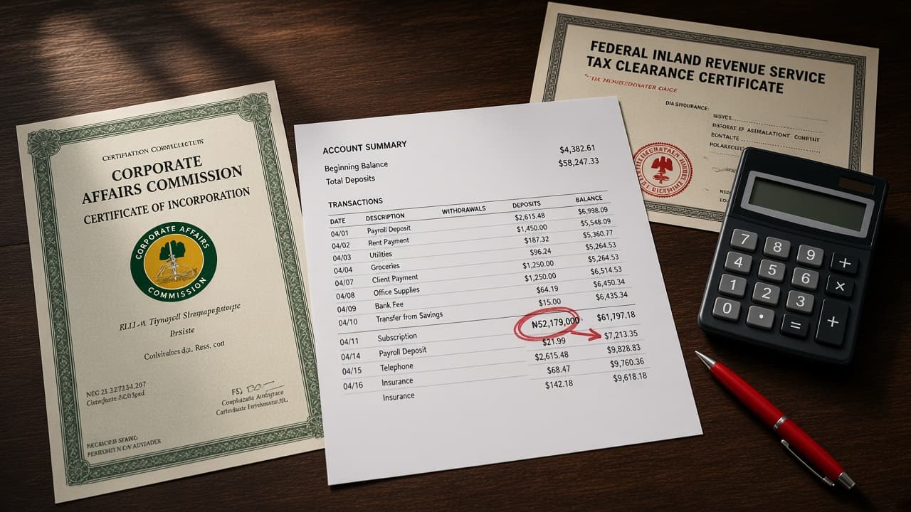 Nigerian CAC incorporation certificate and a FIRS tax clearance beside naira bank statements on a desk