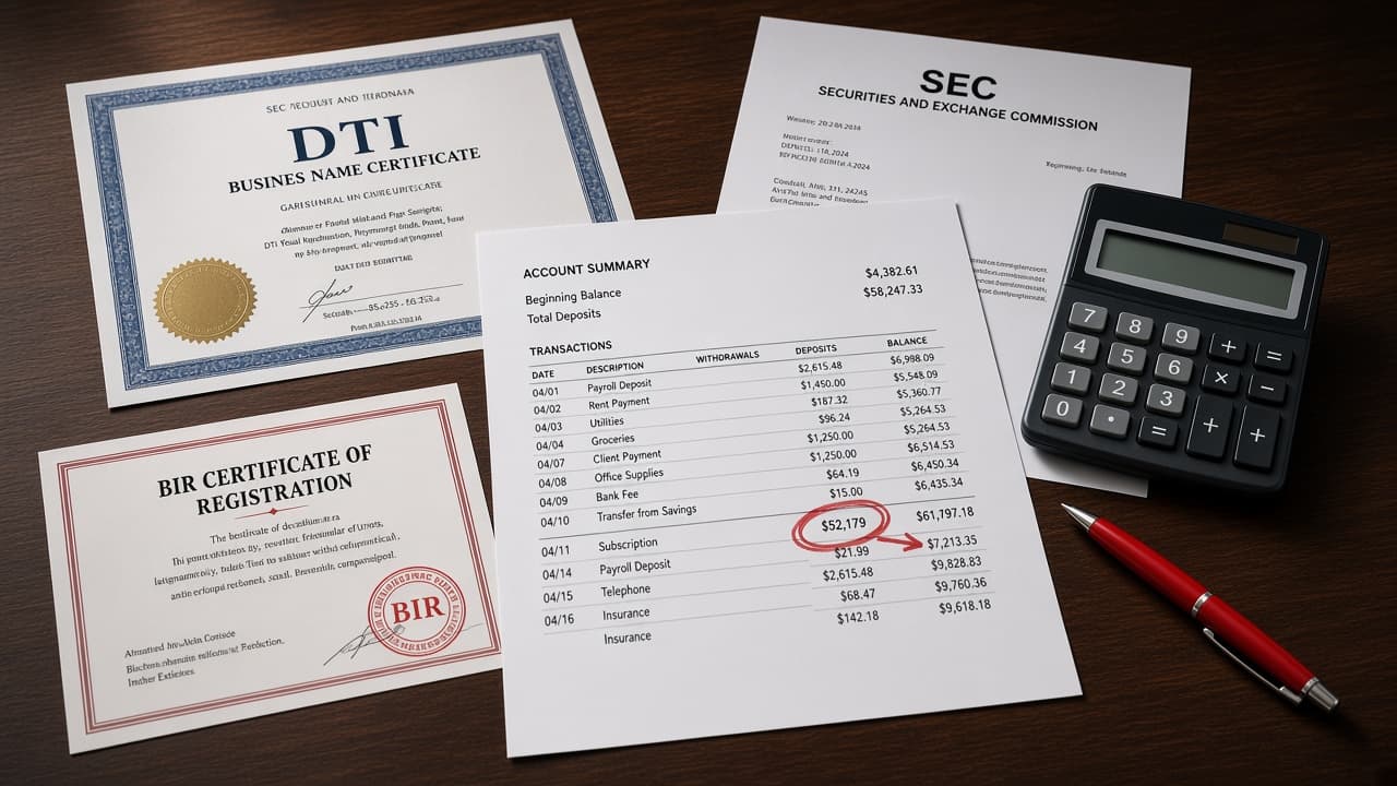 Philippine DTI certificate, SEC papers, and a BIR certificate of registration laid next to a bank statement
