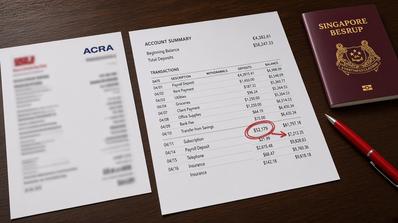 ACRA-headed page beside a bank statement with one deposit circled in red, and a burgundy passport on a desk