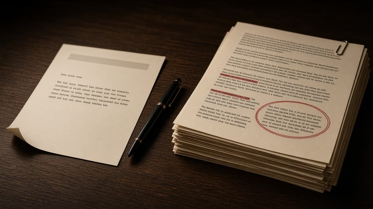 A one-page refusal letter beside a thick stack of case notes, with one paragraph circled in red and a pen between them