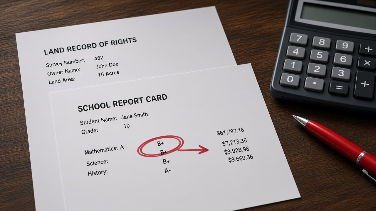 Bangladeshi land record of rights and a school report card on a wooden desk