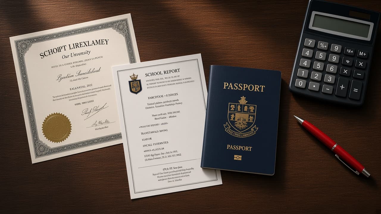 Cameroonian land certificate and a school bulletin on a desk beside a passport