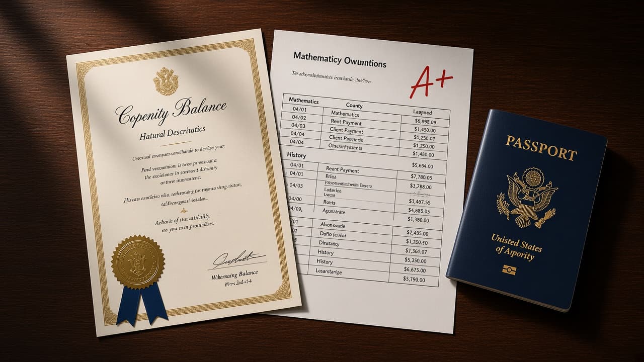 Chinese immovable property certificate and a school report on a desk beside a closed passport