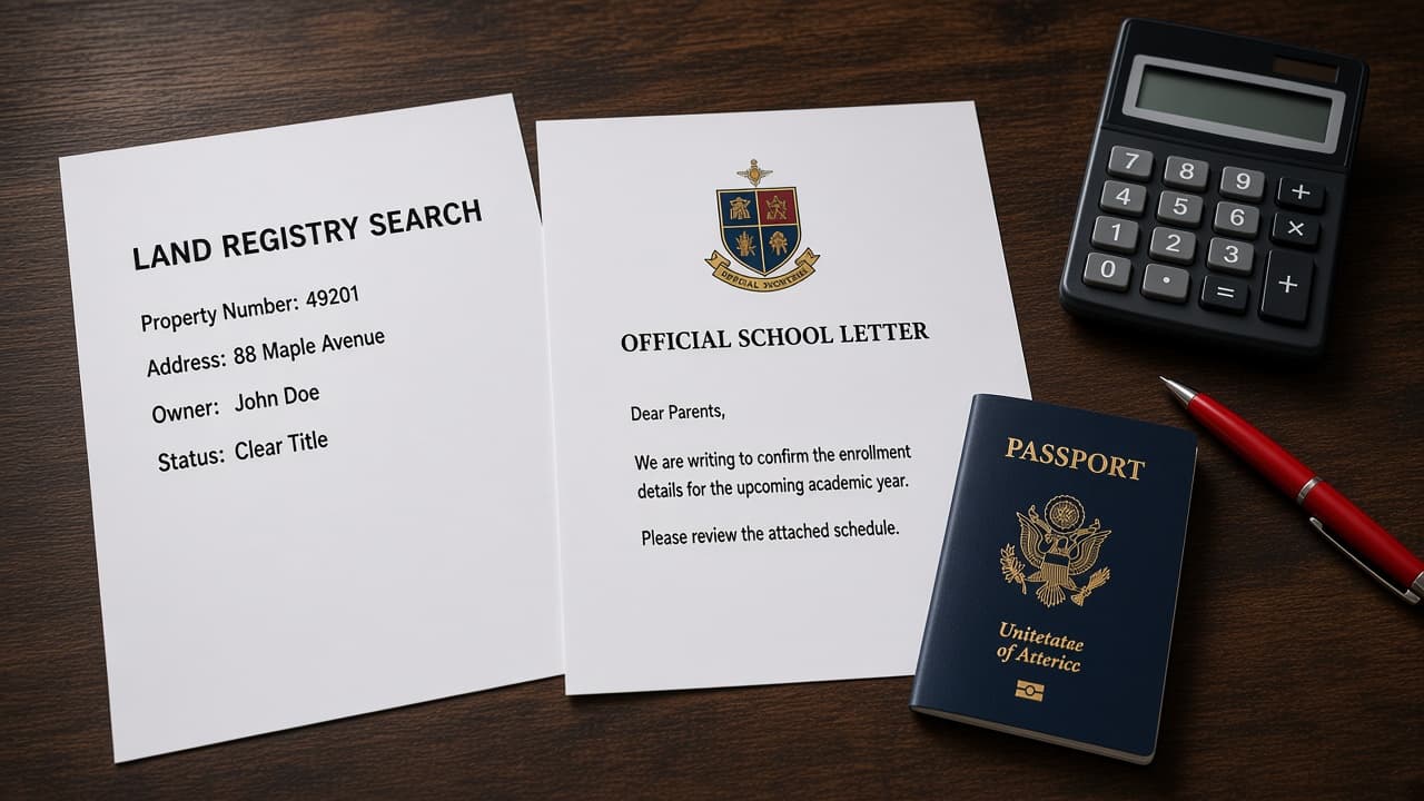 Ghana Lands Commission search result and a school letter beside a closed passport