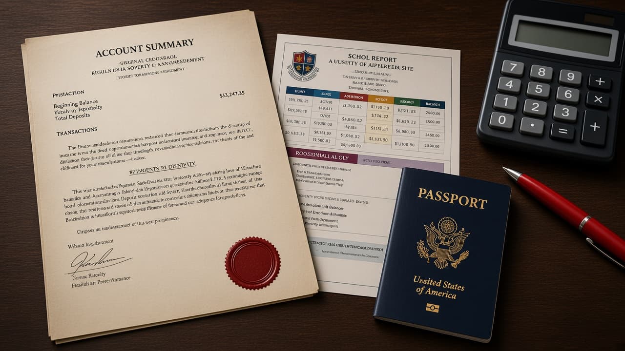Registered Indian sale deed and a school report card beside a passport, with no headline text across the page