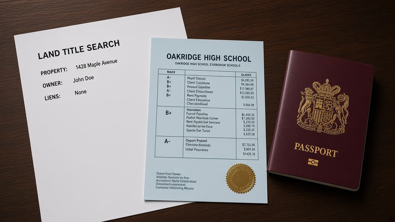 Kenyan land title search printout and a school report card on a desk beside a passport