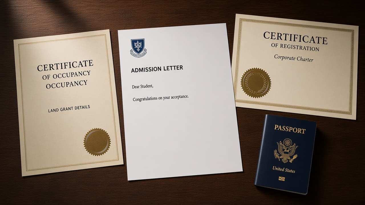Nigerian certificate of occupancy and a school letter on a desk next to a CAC certificate, photographed without overlay text