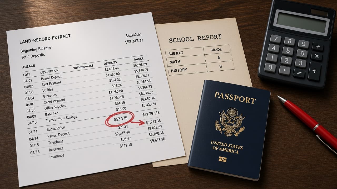 Pakistani land-record extract and a school report on a desk, with a passport closed beside them