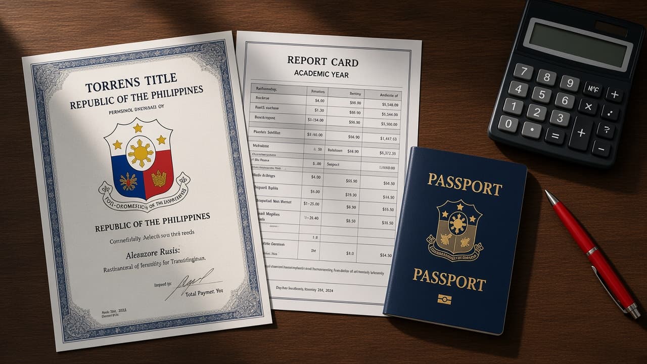 Philippine transfer certificate of title from the Registry of Deeds next to a school report card