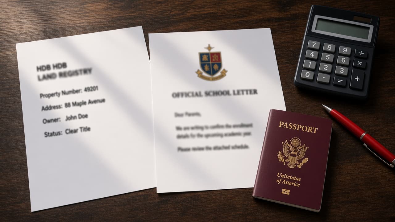 Property printout and a school letter on a desk beside a passport and a pen
