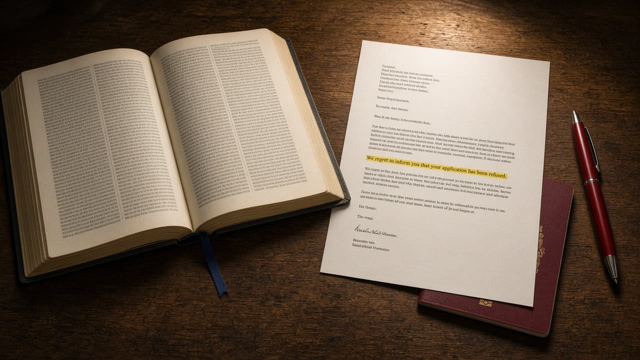 Open statute book beside a refusal letter with one sentence highlighted, a burgundy passport underneath, and a red pen